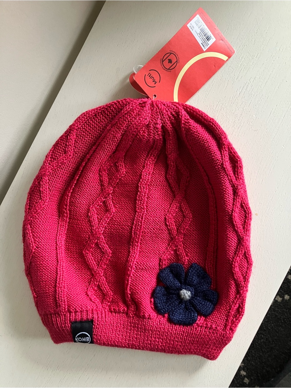 Kombi Kids Pink Knit Hat with Navy Flower Accent